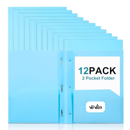 ViVin Sturdy Plastic Folder with Pockets,12 Pack,Heavy Duty Two Pocket 3 Prong Folders,Holds Letter Size Paper,File Folders with Business Card Slot for School Home and Office(Light Blue) - color: Light Blue, size: 12 PACK