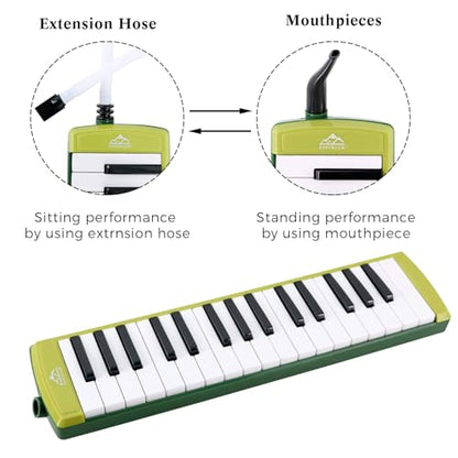 EASTROCK 32 Key Melodica Instrument Air Piano Keyboard Soprano Melodica with 2 Mouthpieces Tube Sets Carrying Bag for Beginners Adults Gift Green - color: Green, size: 32key