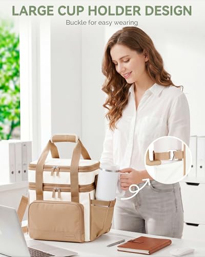 HOMESPON Double Layer Lunch Bag for Women Men, 14L Large Insulated Lunch Box with Shoulder Strap, Expandable Cooler Tote with Cup Holder for Work Office Picnic, Brown - color: Brown