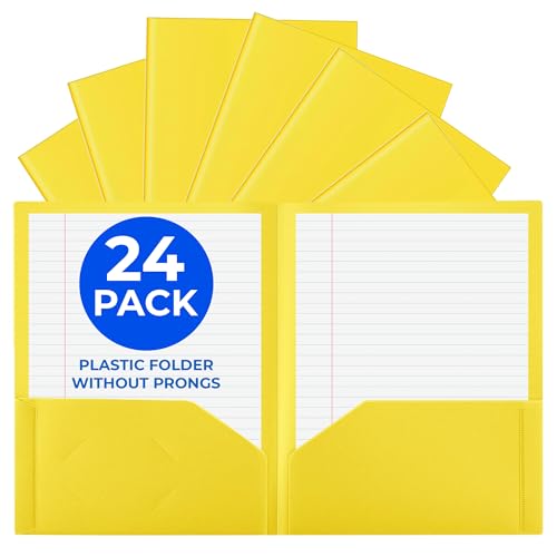 24 Pack Yellow Plastic Folders with Pockets Heavy Duty. 2 Pocket Folder no Prongs Bulk. Tear-Resistant Letter Size 8.5x11. Presentation Ready School and Office Supplies - color: Yellow, style: No Prongs