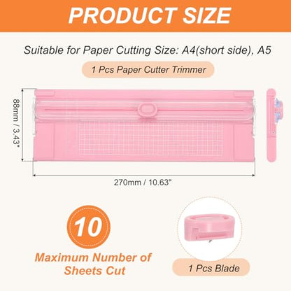 PATIKIL Paper Cutter Trimmer, A4 Straight Small Portable Paper Slide Paper Slicer with Safe-Guard for Craft Cardstock Label Card, Scrapbook Photo, Pink, with 1 Blade - color: Pink