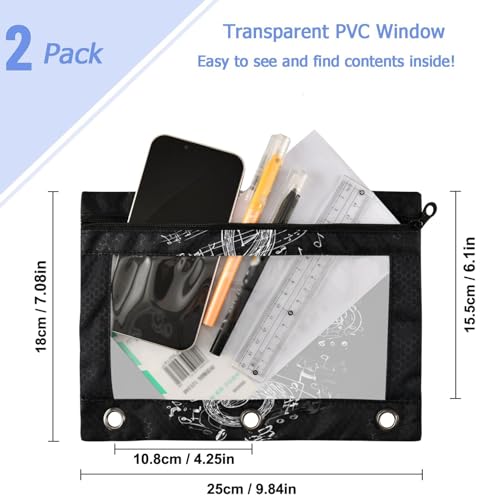 2 Pack Chic Musical Notes Treble in Heart Black 3 Ring Binder Pencil Pouch Bags,Clear Window Storage Case with Zipper for Boys Girls School Office Supplies Cosmetics Organizers