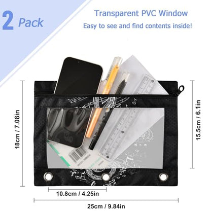 2 Pack Chic Musical Notes Treble in Heart Black 3 Ring Binder Pencil Pouch Bags,Clear Window Storage Case with Zipper for Boys Girls School Office Supplies Cosmetics Organizers