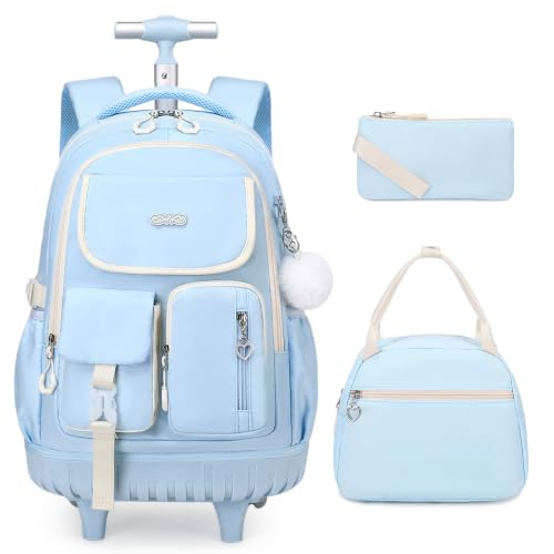 DIGOBAY Rolling Backpack for Girls, Girls Roller Backpack with Lunch Bag and Pencil Case, School Bookbag with Wheels for Elementary Middle High School Travel, Blue - color: Blue