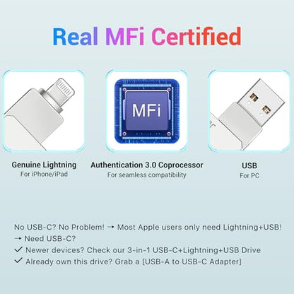 Genuine Apple MFi Certified iPhone USB Flash Drive 128GB - Real Capacity - No Fake Storage, Genuine Lightning, encrypted Auto Backup Photo Stick for iPhone iPad Photos/Videos - Avoid Fake MFi Clones! - size: 128GB (without USBC Adapter), style: 2IN1