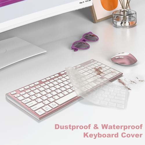FENIFOX Wireless Keyboard and Mouse, Rechargeable USB C Combo Silent Quiet Compact Full Size Flat with Number Pad Soft Cover for Mac MacBook iMac Windows PC Laptop Computer Office - Pink & Rose Gold - color: Pink Rose Gold