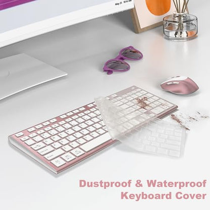 FENIFOX Wireless Keyboard and Mouse, Rechargeable USB C Combo Silent Quiet Compact Full Size Flat with Number Pad Soft Cover for Mac MacBook iMac Windows PC Laptop Computer Office - Pink & Rose Gold - color: Pink Rose Gold