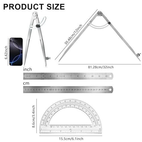 Compass Geometry Tool, Drawing Compass, Professional 12 Inch Large Compass with Wing for Woodworking, 6 Inch Protractor, 12 Inch Ruler for Carpenter, Drafting - size: 12 inches