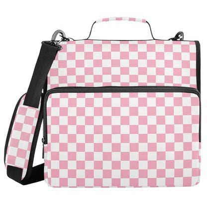 Pink White Checkered Binder Bag 3 Ring Zipper Binders with Shoulder Strap for School Office Organizer Storage - color: Q038