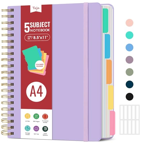 Hardcover Spiral Journal Notebooks for Work With Removable Dividers & Tabs, 8.5"x11" 5 Subject Notebook for Note Taking & Organizer, A4 College Ruled Lined Journal for Women & Writing, Lilac Purple, 280 Pages - color: E-Lilac Purple