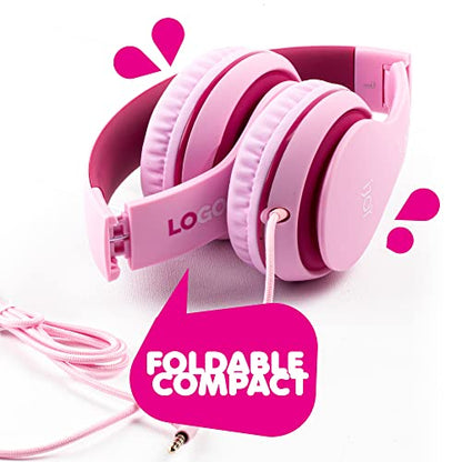 iJoy Premium Headphones with Microphone for Kids Kid Safe Over-Ear Headphones with Hearing Protection for Boys & Girls- Kid’s Adjustable Headset with Mic for School, Music- Blue (Pink)