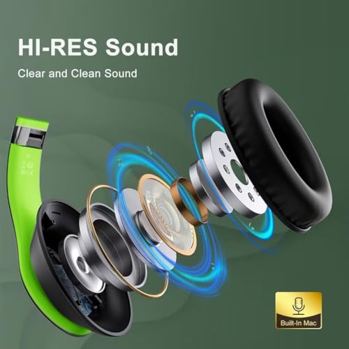 Wireless Bluetooth Headphones Over Ear 65H Playtime HiFi Stereo Headset with Microphone and 6EQ Modes Foldable Bluetooth V6.0 Headphones for Travel Smartphone Computer Laptop - color: Green