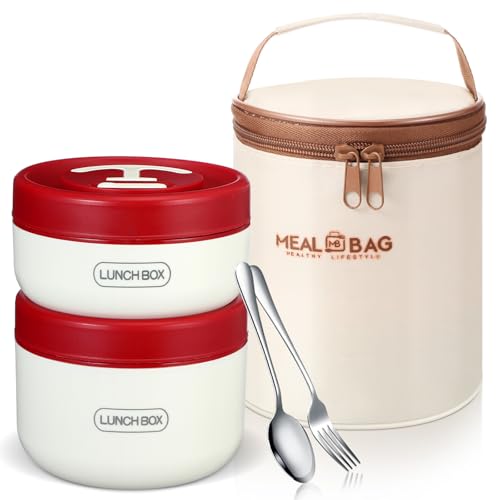 Dandat 2 Pcs Portable Insulated Lunch Containers Thermal Bento Box with Bag Fork Knife Stainless Steel Lunch Box 15.2 oz 21 oz Separate Stackable Food Jar for Adult Men Women(Red) - color: Red
