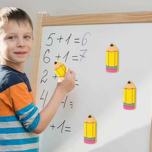 Kolldenn 8 Pcs Back to School Pencil Shaped Magnetic Dry Erase Erasers Whiteboard Cleaning Erasers Classroom Chalkboard Wiper Teacher Supplies for First Day of School Preschool Classroom