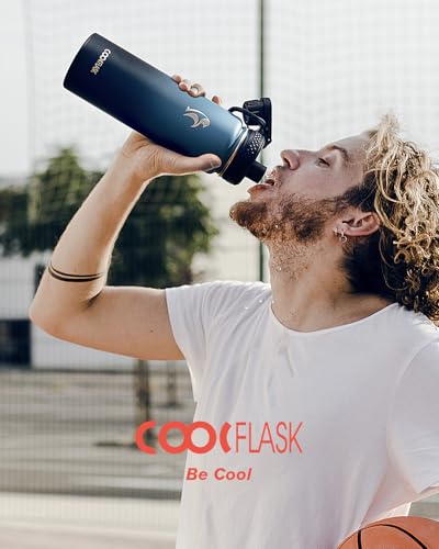 Coolflask 20 oz Insulated Water Bottle with Straw & 3 Leakproof Lids | Water Flask Stainless Steel Triple-Wall Vacuum, Cupholder Friendly, Cold 48+h, Dishwasher Safe, Non-BPA, for Gym & Hiking - color: Samurai Cyan, size: 20 Ounces