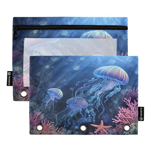 Pencil Pouch for 3 Ring Binder Jellyfish and Starfish Binder Pencil Case with Clear Window Zipper Cosmetic Bags 2 Pack for School Office College Supplies - color: Jellyfish and Starfish