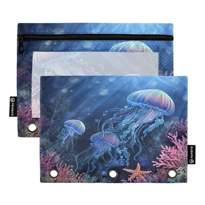 Pencil Pouch for 3 Ring Binder Jellyfish and Starfish Binder Pencil Case with Clear Window Zipper Cosmetic Bags 2 Pack for School Office College Supplies - color: Jellyfish and Starfish