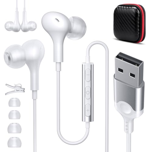 USB Earbuds with Microphone for PC 7.5 Ft Cable, USB Headsets for School Computer Class, Wired USBA Headphones with Mute Stereo Noise Isolating Cord Laptop Earphones for HP/Dell/Surface Meeting, White - color: White