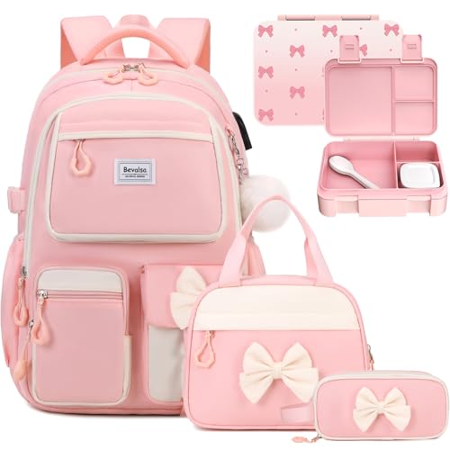 Bevalsa Backpack for Girls, Bow Bookpack with Bento Lunch Box, Insulated Bag & Utensils, 34oz Lunch Containers School Bags Set for Children Teens Kids Elementary Middle school Student (Pink) - color: Pink