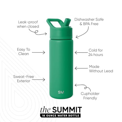 Simple Modern Kids Water Bottle with Straw Lid | Vacuum Insulated Stainless Steel Metal | Reusable Leak Proof BPA-Free Thermos for School | Summit Collection | 18oz, Kelly Green - color: -Kelly Green, style: 18oz