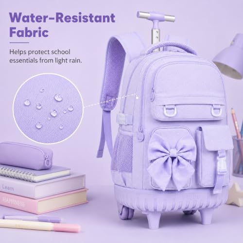 HPJGD 3PCS Rolling Backpack for Girls, Purple Bow Roller School Backpacks with Wheels, Water-Resistant Wheeled Bookbag Set - color: Purple Bowknot Rolling Backpack Set