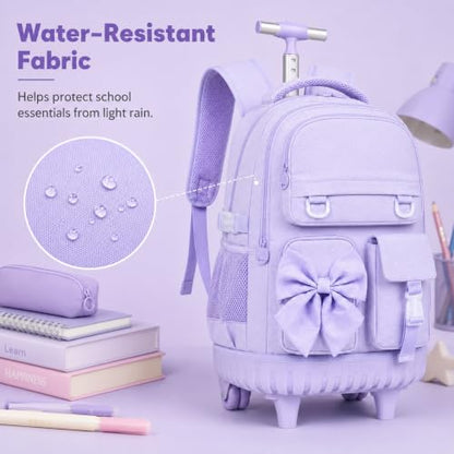 HPJGD 3PCS Rolling Backpack for Girls, Purple Bow Roller School Backpacks with Wheels, Water-Resistant Wheeled Bookbag Set - color: Purple Bowknot Rolling Backpack Set