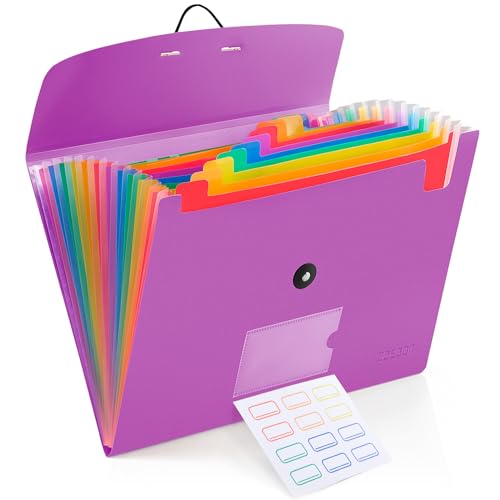 13 Pocket Expanding File Folder Accordian File Organizer, A4 Letter Size Paper Document Receipt Holder for School Office Supplies, Purple - color: Purple