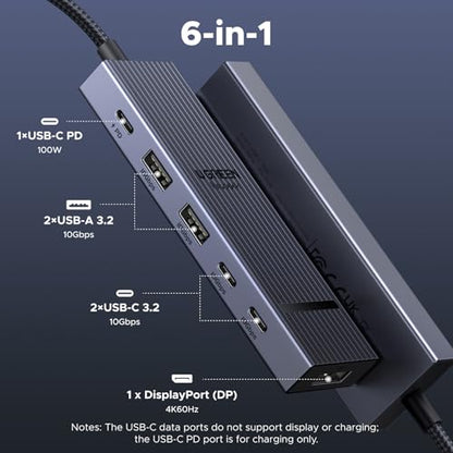 UGREEN Revodok Pro 6 in 1 USB-C Hub to DisplayPort 4K 60Hz, 100W PD | 10Gbps USB-A and USB-C 3.2 for MacBook Neo/Pro/Air, iPad Pro, Thinkpad, Rog Ally and More.