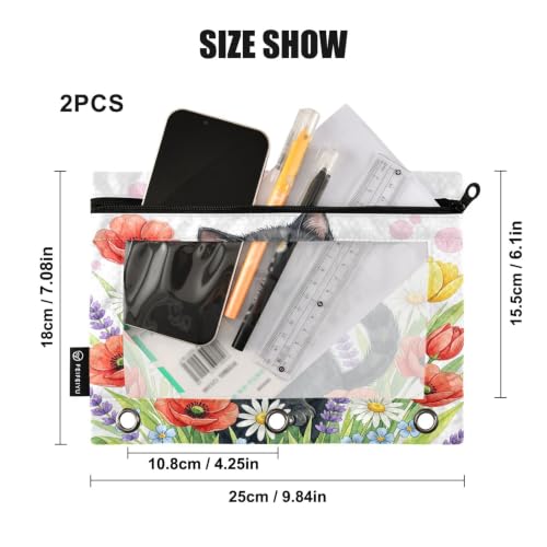 Gredecor 3 Ring Binder Pencil Pouch, Black Kitten Ladybug Poppy Zippered Pen Case Pouches with Clear Window, 2 Pack Stylish Office & School Supplie - color: Black Kitten Ladybug Poppy