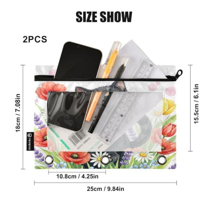 Gredecor 3 Ring Binder Pencil Pouch, Black Kitten Ladybug Poppy Zippered Pen Case Pouches with Clear Window, 2 Pack Stylish Office & School Supplie - color: Black Kitten Ladybug Poppy