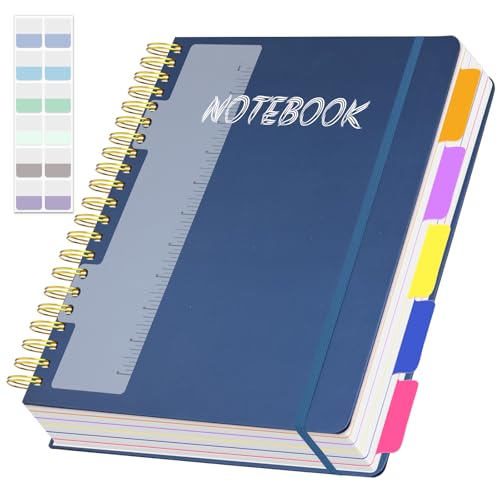 5 Subject Notebook College Ruled, 300 Pages A4 Hardcover Spiral Notebook with Removable Dividers Tabs, 8.5" x 11" Large 100GSM Lined Journal Notebooks for Work School - color: blue