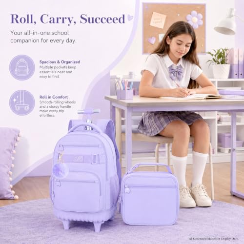 HPJGD 3PCS Rolling Backpack for Girls, Womens Purple School Backpacks with Wheels, Water Resistant Roller Kids Wheeled Bookbag Set - color: Classic Purple Rolling Backpack Set