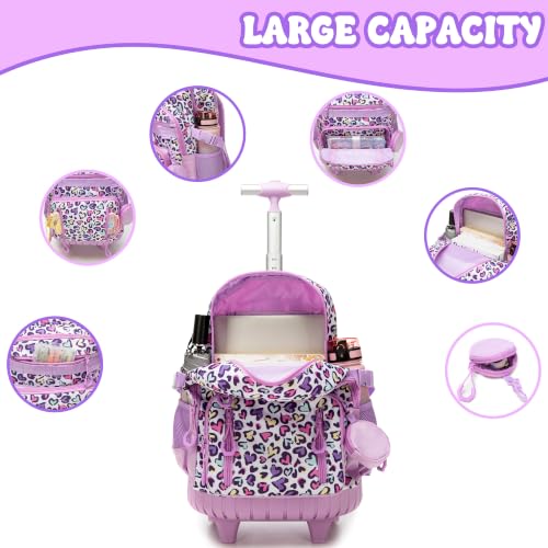 Meetbelify Rolling Backpack for Girls Boys Backpacks with Wheels Kids Carry on Luggage for Girls Boys - color: Purple Love