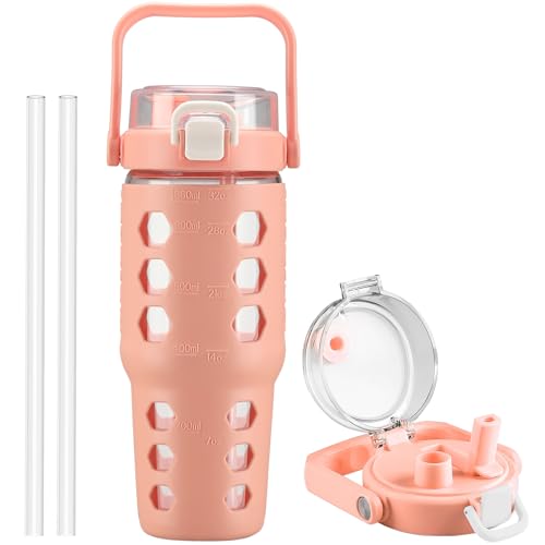 MUKOKO 32 oz Glass Tumbler with Straw,Glass Water Bottles with Time Marker,Iced Coffee Cup with Silicone Sleeve,Motivational Drinking Bottles,Leakproof-Coral Pink - color: Coral Pink, size: 32 Ounces