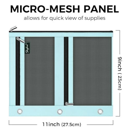 SKYDUE 3 Ring Pencil Pouch for Binder, Zipper Binder Pencil Pouch with 3 Pockets and Mesh Window, Durable Organizer for School Supplies, Cables, Earbuds, Makeup - color: Cyan