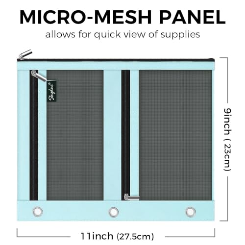 SKYDUE 3 Ring Pencil Pouch for Binder, Zipper Binder Pencil Pouch with 3 Pockets and Mesh Window, Durable Organizer for School Supplies, Cables, Earbuds, Makeup - color: Cyan