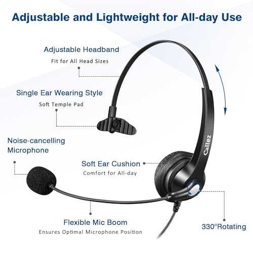 Callez USB Headset with Microphone Noise Cancelling & Audio Controls, Wideband Computer Headphones for Business UC Skype Lync Softphone Call Center Office, Clearer Voice, Super Light, Ultra Comfort