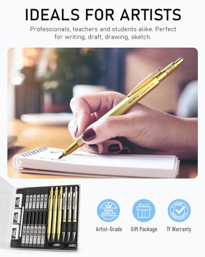 Nicpro Gold Art Mechanical Pencil Set, Metal Drafting Pencil 0.5, 0.7, 0.9mm & 2mm Lead Holder(2B HB 2H) For Sketching Drawing With Lead Refills Case - color: Gold