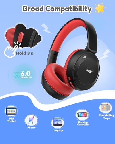 Acer Kids Bluetooth Headphones, 85/94dB Volume Limiter, Foldable Wireless Over-Ear Headphones for iPad, Travel, 60H Playtime, Bluetooth 6.0, Built-in Mic, Black Red - color: Black Red