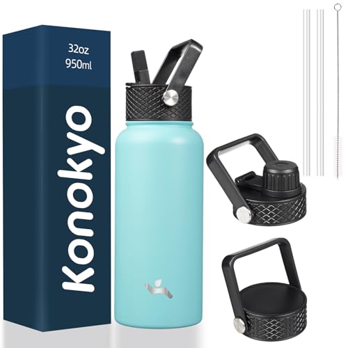 Konokyo 32 oz Insulated Stainless Steel Water Bottle with Straw Lid - color: Turquoise, size: 32 Ounces