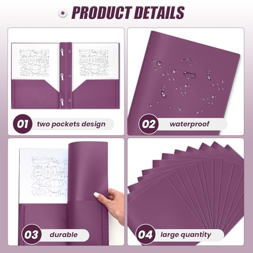 Yeaqee 30 Pcs Plastic Folders with Pockets and Prongs Plastic Folder 2 Pockets 3 Prongs with Business Card Slot Back to School Folders for Students, Teachers, Office Workers (Dark Purple) - color: Dark Purple
