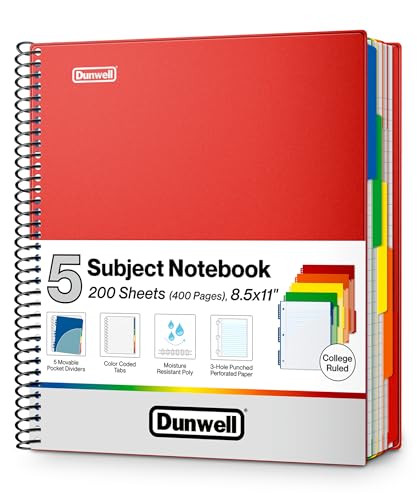 Dunwell 5-Subject Spiral Notebook, College Ruled (Red), Colorful Movable Pocket Dividers with Tabs, Front/Back Plastic Covers, 200 Sheets (400 Pages) of 3-Hole Punch Perforated 8.5x11 Paper - color: Red