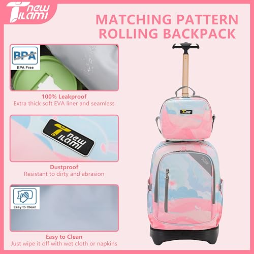 NEW TILAMI 16 Inch Rolling Backpack with Lunch Bag for Kids Adjustable Handle Carry-on Suitcase Wheels for Girls Boys School Travel Camping, Pastel Pink - Blue - color: Pastel Pink - Blue