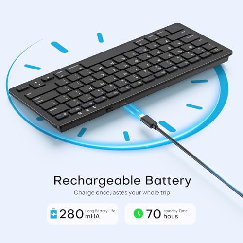 OMOTON Rechargeable Compact Bluetooth Keyboard for iPad, Adjustable Stand, Key Stickers, Slim Portable Wireless Keyboard for iPhone and iPad Pro/Air/Mini, Ideal for Study, Travel and Office, Black