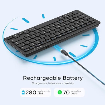 OMOTON Rechargeable Compact Bluetooth Keyboard for iPad, Adjustable Stand, Key Stickers, Slim Portable Wireless Keyboard for iPhone and iPad Pro/Air/Mini, Ideal for Study, Travel and Office, Black
