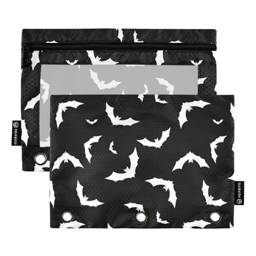 Gredecor Gothic Goth Bat Binder Pencil Pouch 3 Ring Halloween Bats Black Zipper Pencil Pouches Case 2 Pack Clear Binder Organizer for Kids School Office - color: Halloween Bats