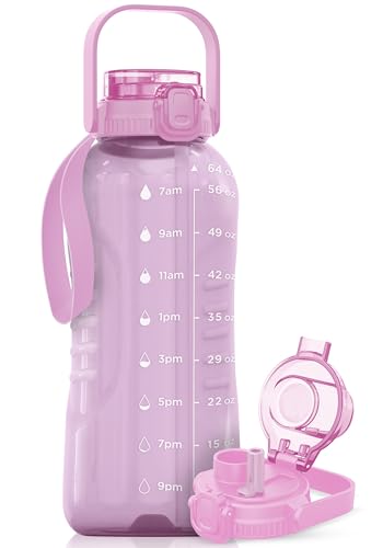 AQUAFIT 64 oz Water Bottle with Handle, 2in1 Lid | BPA Free Half Gallon Water Bottle with 2in1 Straw and Chug Lid - Leakproof Gym Water Bottle with Time Marker (Purple Haze) - color: Purple Haze