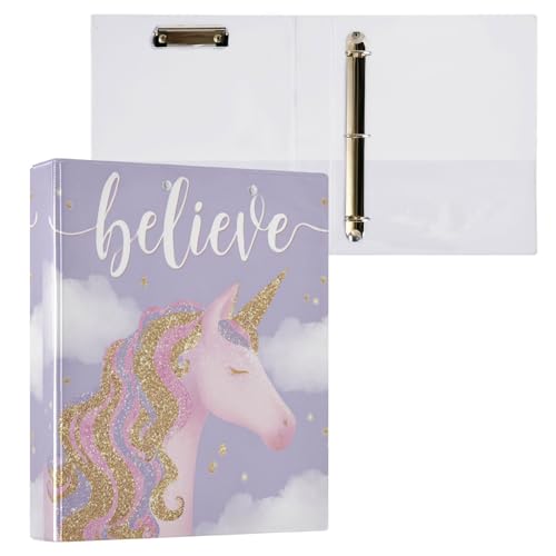 Positive Believe Purple Unicorn Binder 3 Ring 1.5 Inch Binder with Clipboard&Pockets, Hardcover Binders Heavy Duty Large File Folder for Office School Supplies - Holds 200 Sheets - color: Believe Quoted Purple Unicorn, size: 1 Pack-12.4x10.63in