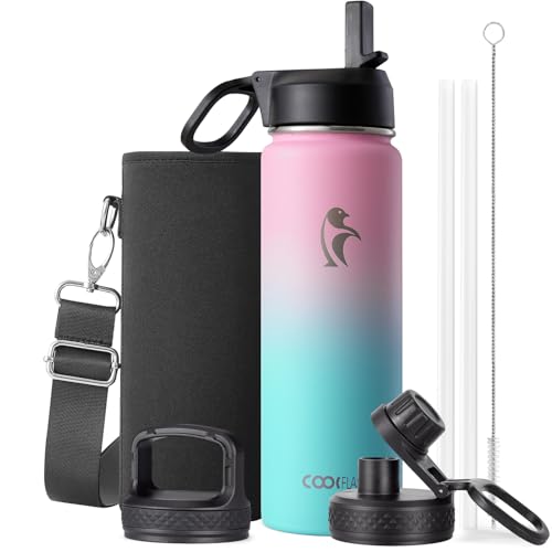 Coolflask 24 oz Insulated Water Bottle with Straw & 3 Leakproof Lids | Water Flask Stainless Steel Triple-Wall Vacuum, Cupholder Friendly, Cold 48+h, Dishwasher Safe, Non-BPA, for Gym & Hiking - color: Bubblegum Princess, size: 24 Ounces