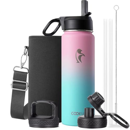 Coolflask 24 oz Insulated Water Bottle with Straw & 3 Leakproof Lids | Water Flask Stainless Steel Triple-Wall Vacuum, Cupholder Friendly, Cold 48+h, Dishwasher Safe, Non-BPA, for Gym & Hiking - color: Bubblegum Princess, size: 24 Ounces